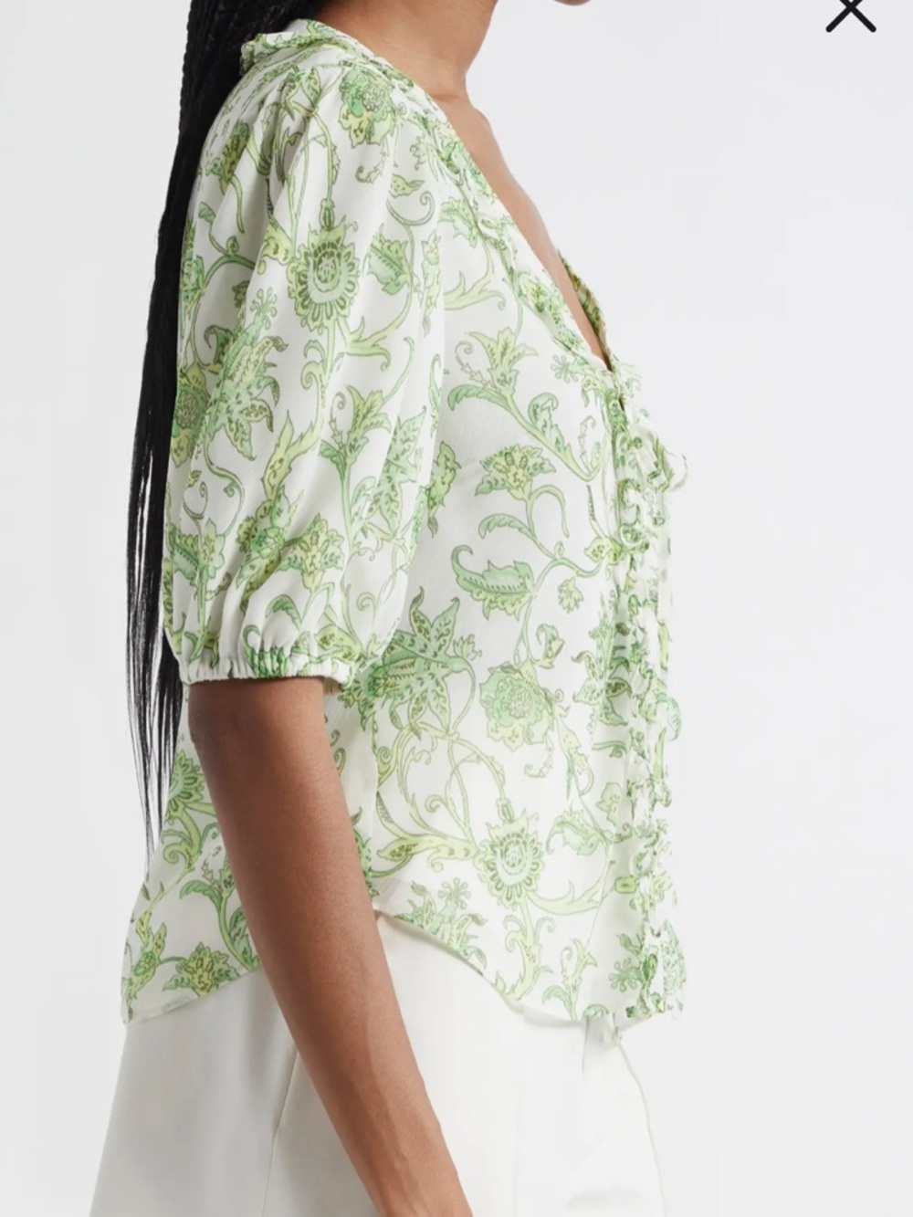 Cinq a Sept Ivy Paisley Seraphina in Ivory and Green Ruffled Blouse - Picture 4 of 12